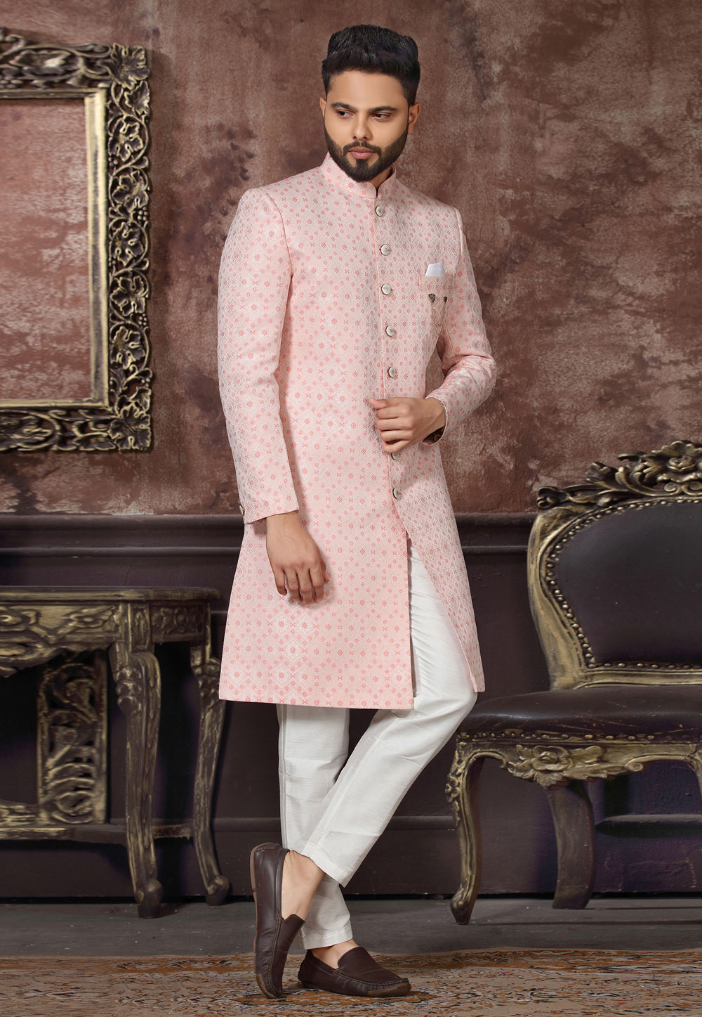 Pink Jacquard Indo Western Sherwani 255329