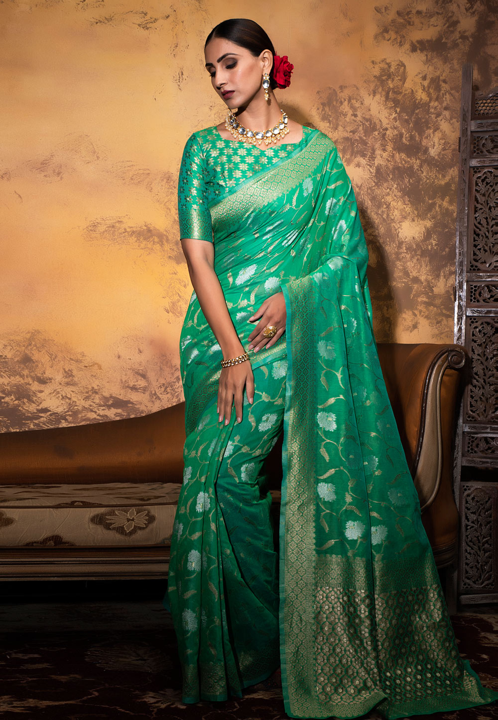 Sea Green Cotton Saree With Blouse 242548