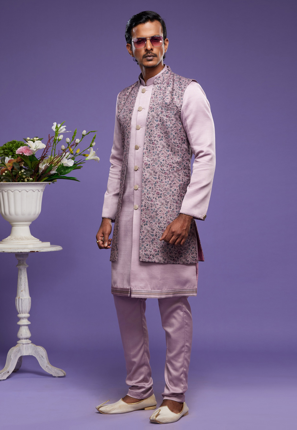 Lavender Art Silk Kurta Pajama With Jacket 274995