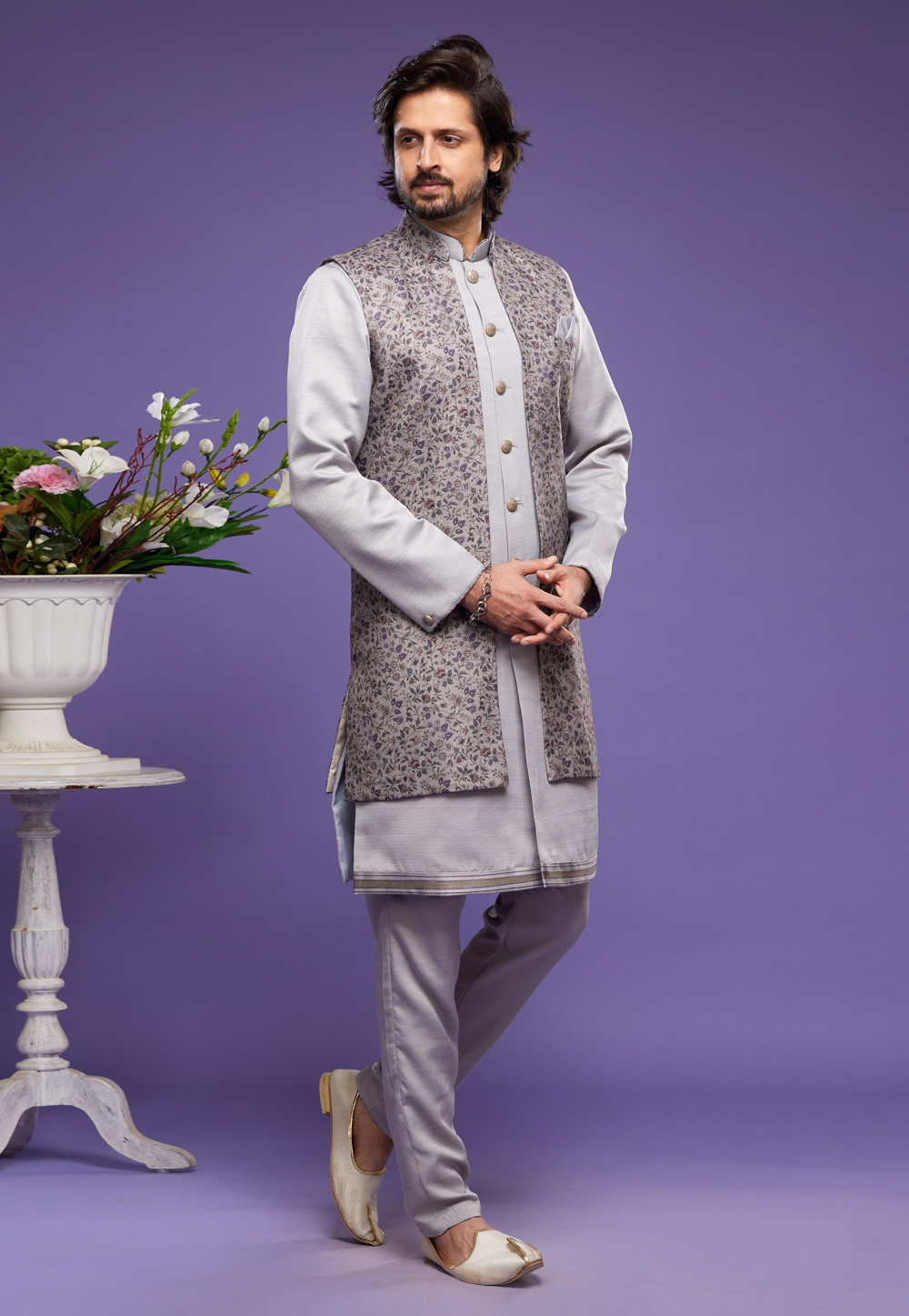 Grey Art Silk Kurta Pajama With Jacket 274996