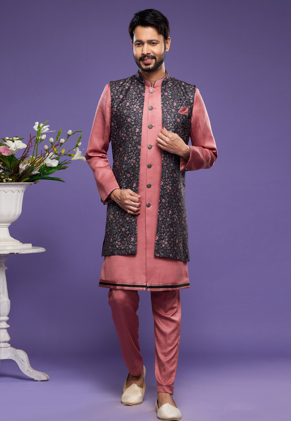Peach Art Silk Kurta Pajama With Jacket 274997