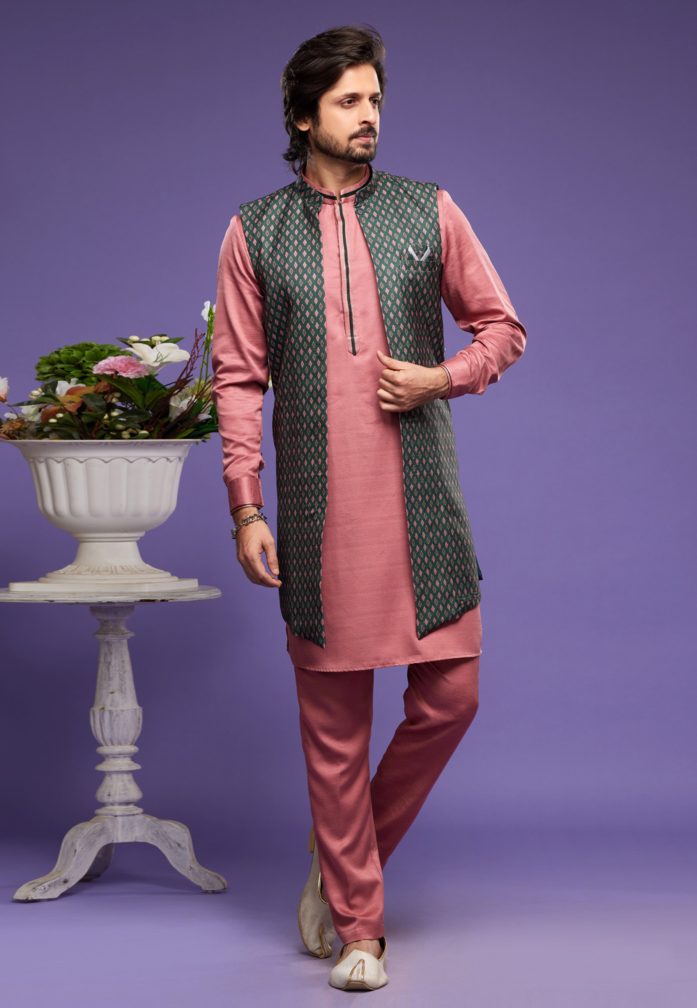 Peach Art Silk Kurta Pajama With Jacket 274998
