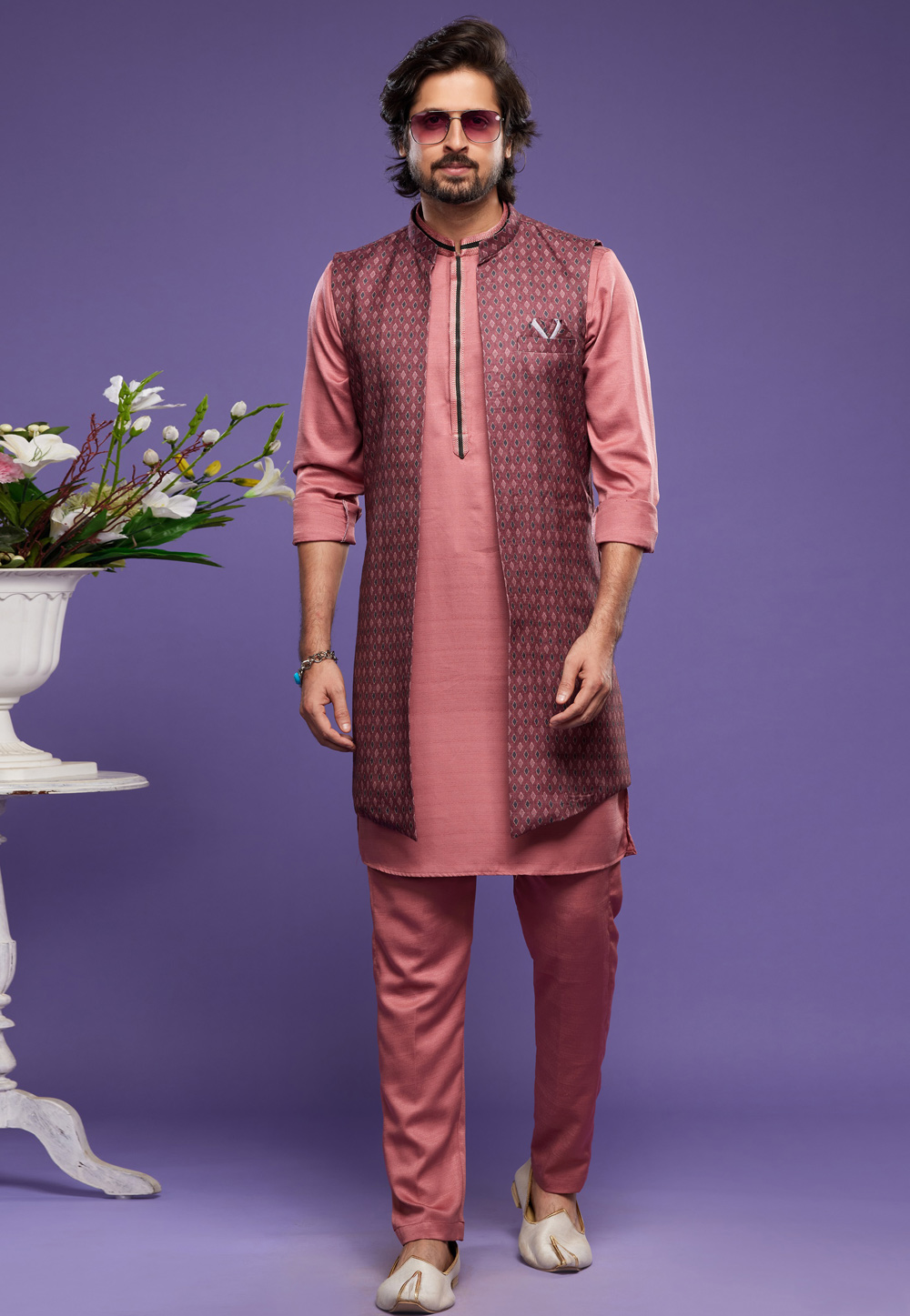 Peach Art Silk Kurta Pajama With Jacket 275000