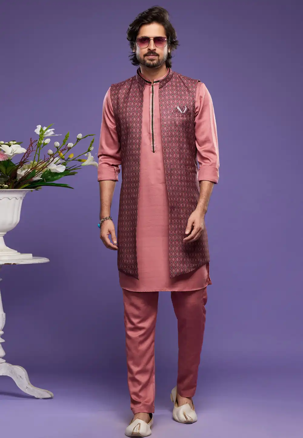 Peach Art Silk Kurta Pajama With Jacket 275000
