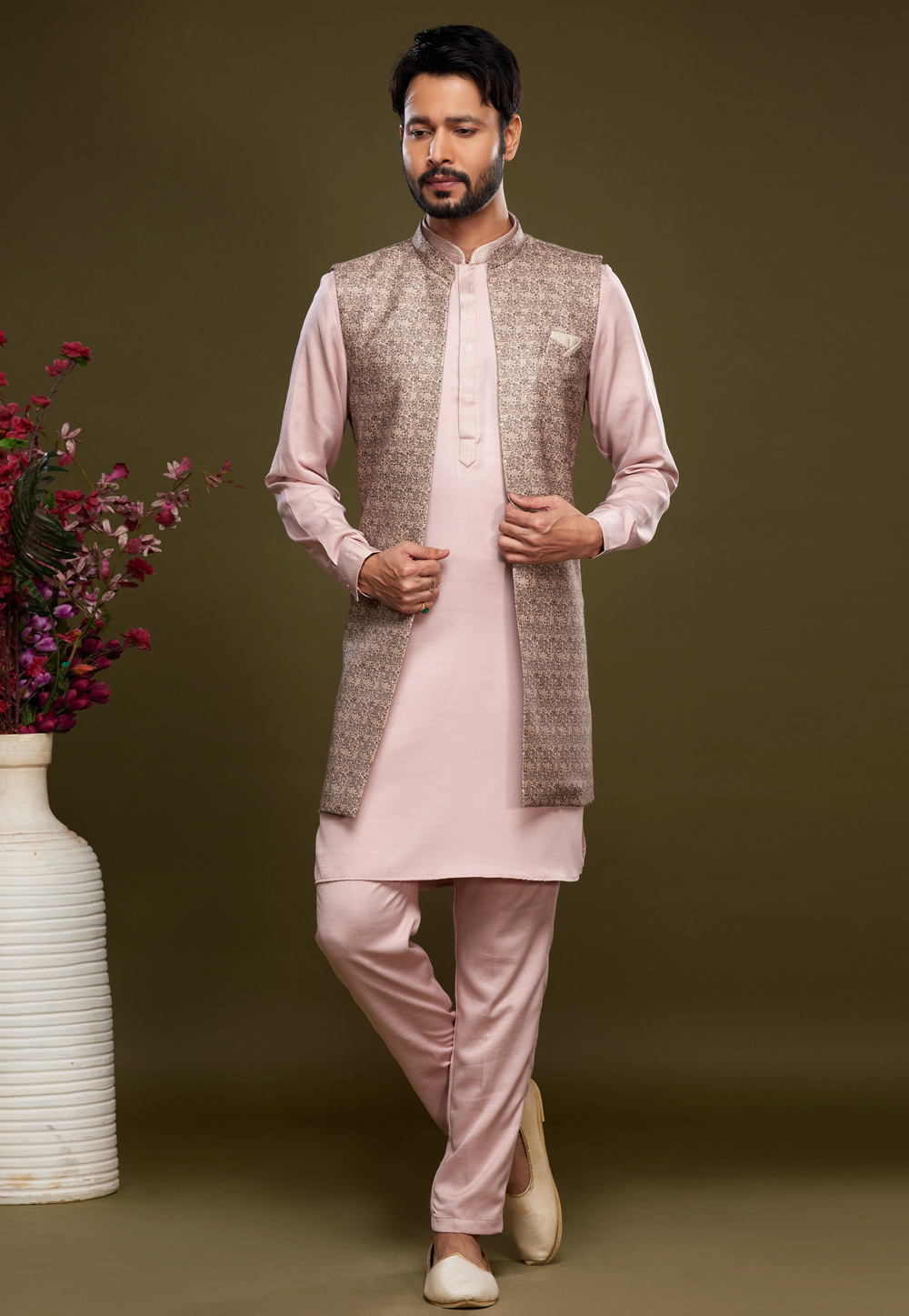 Light Pink Art Silk Kurta Pajama With Jacket 275001