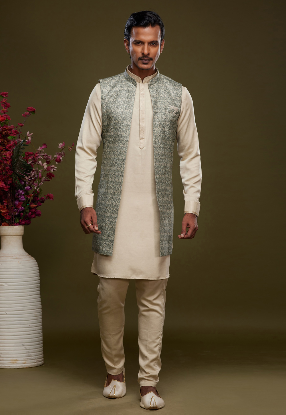 Beige Art Silk Kurta Pajama With Jacket 275002