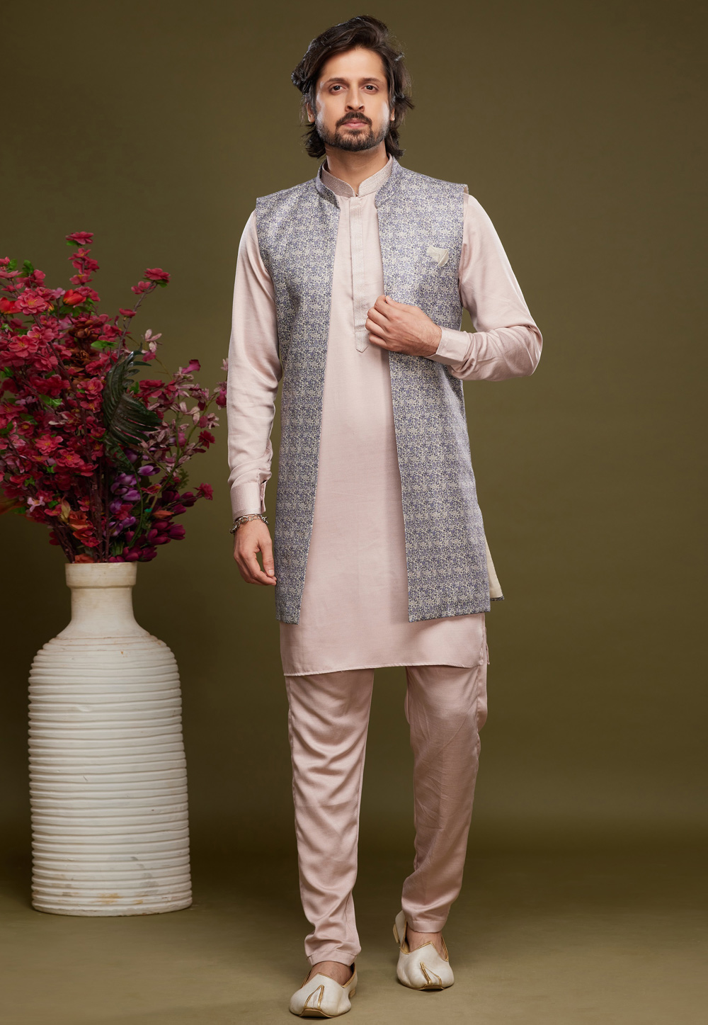 Light Pink Art Silk Kurta Pajama With Jacket 275003