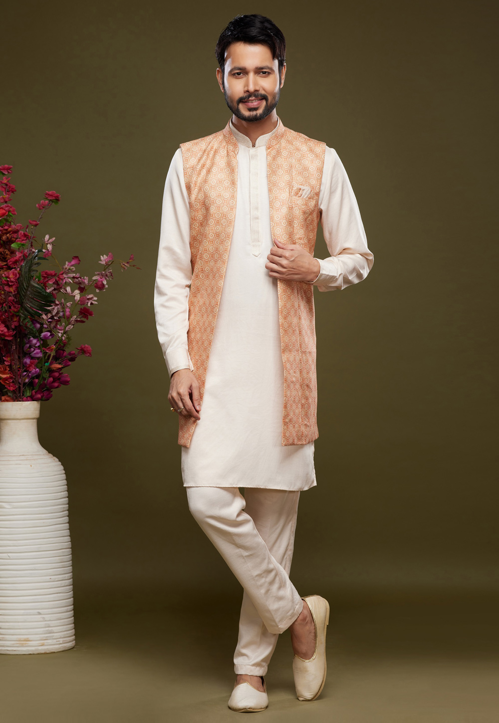 Off White Art Silk Kurta Pajama With Jacket 275004