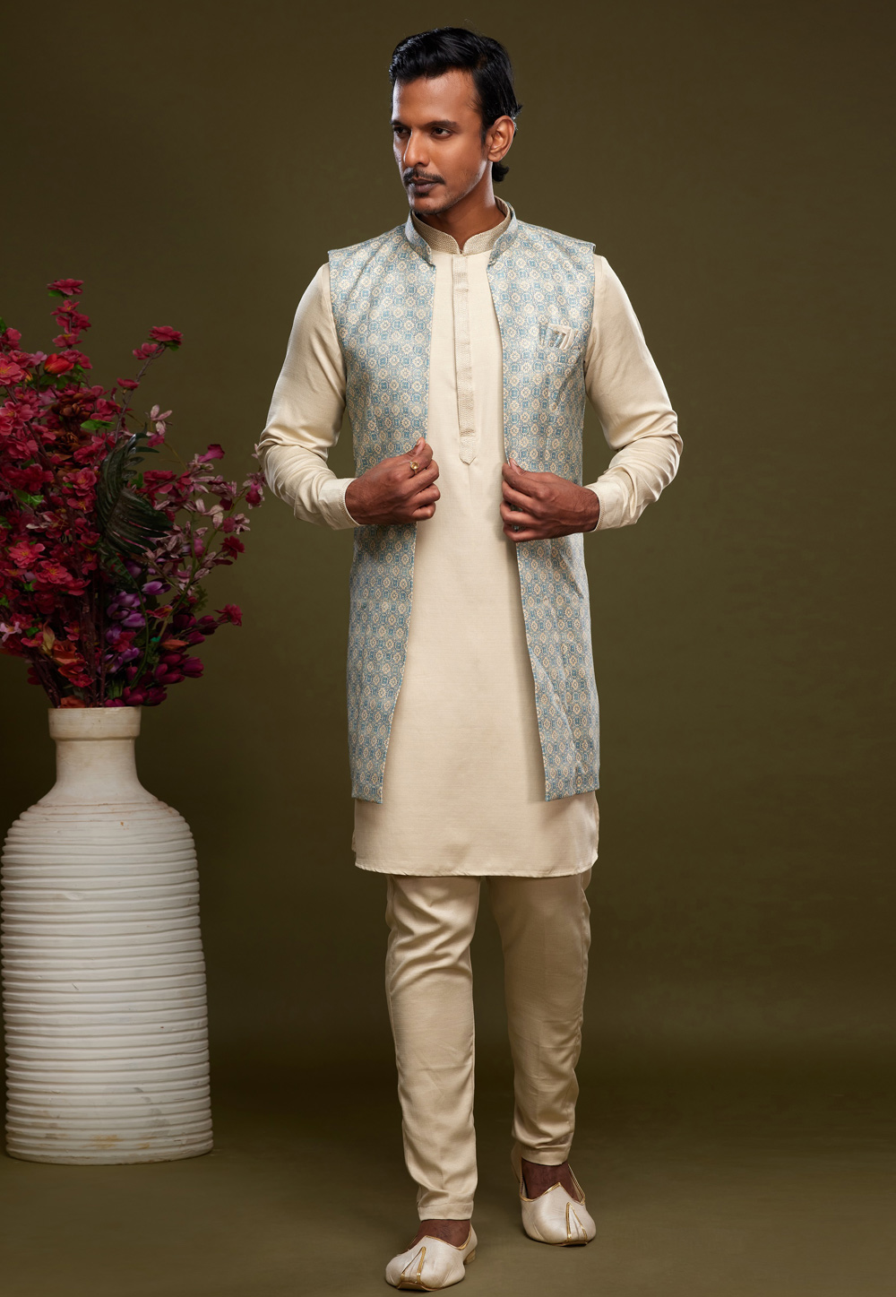 Beige Art Silk Kurta Pajama With Jacket 275005