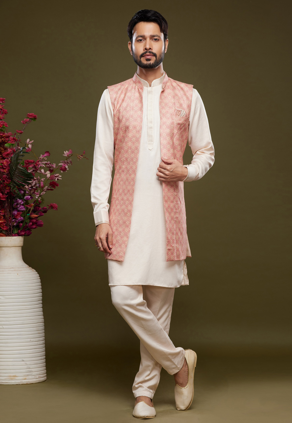Off White Art Silk Kurta Pajama With Jacket 275006