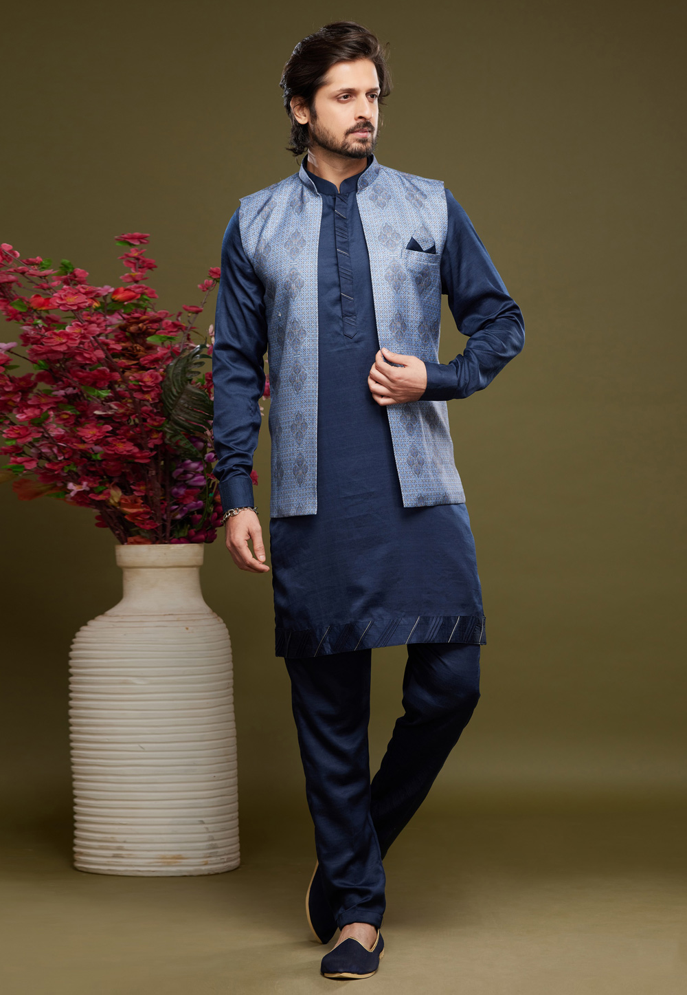Navy Blue Art Silk Kurta Pajama With Jacket 275007