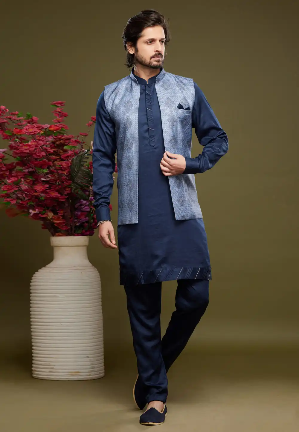 Navy Blue Art Silk Kurta Pajama With Jacket 275007