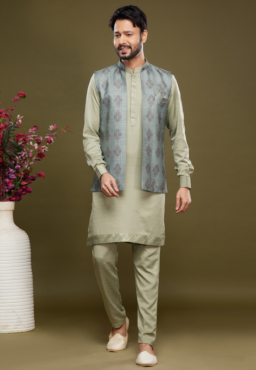 Pista Green Art Silk Kurta Pajama With Jacket 275008