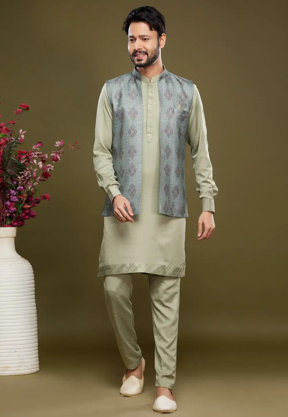 Pista Green Art Silk Kurta Pajama With Jacket 275008