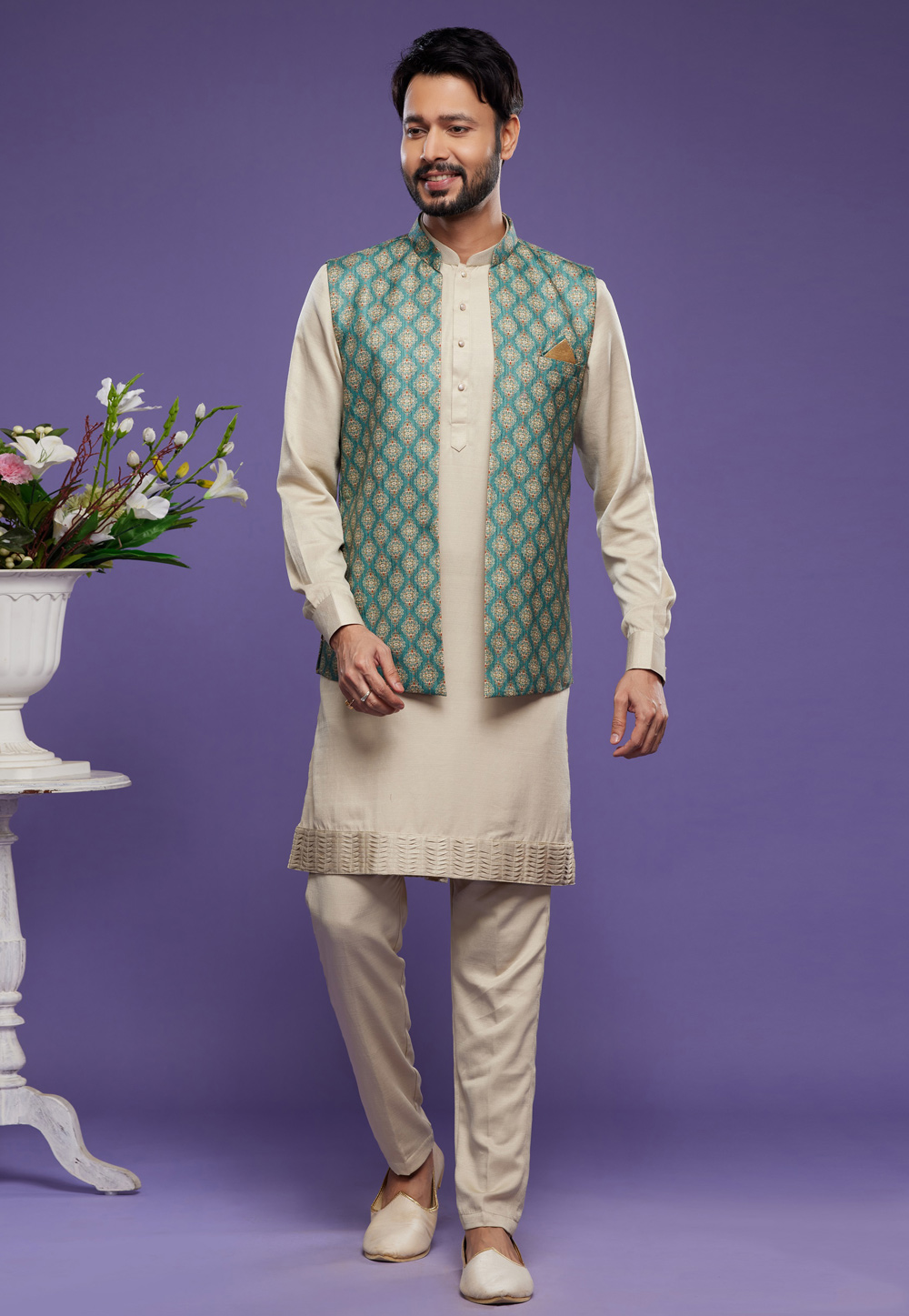 Beige Art Silk Kurta Pajama With Jacket 275010