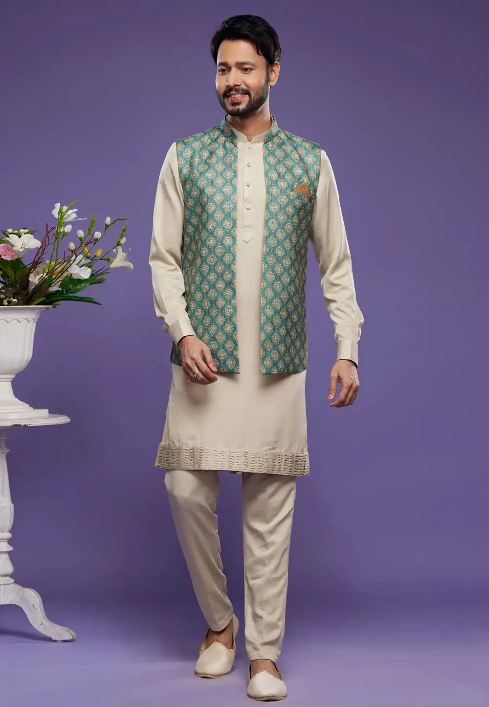 Beige Art Silk Kurta Pajama With Jacket 275010