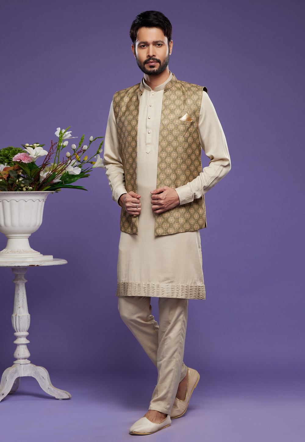 Beige Art Silk Kurta Pajama With Jacket 275012