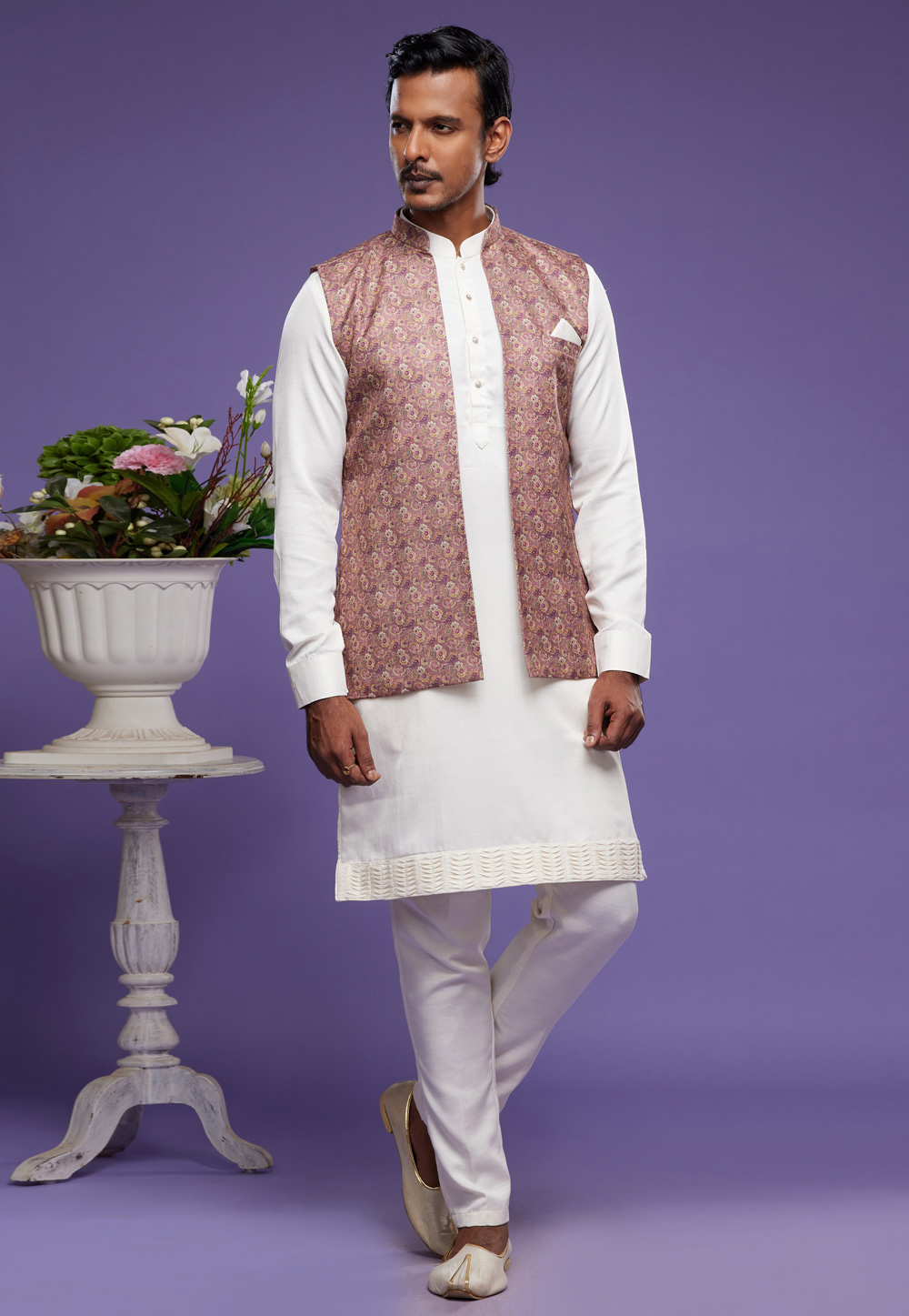 White Art Silk Kurta Pajama With Jacket 275013