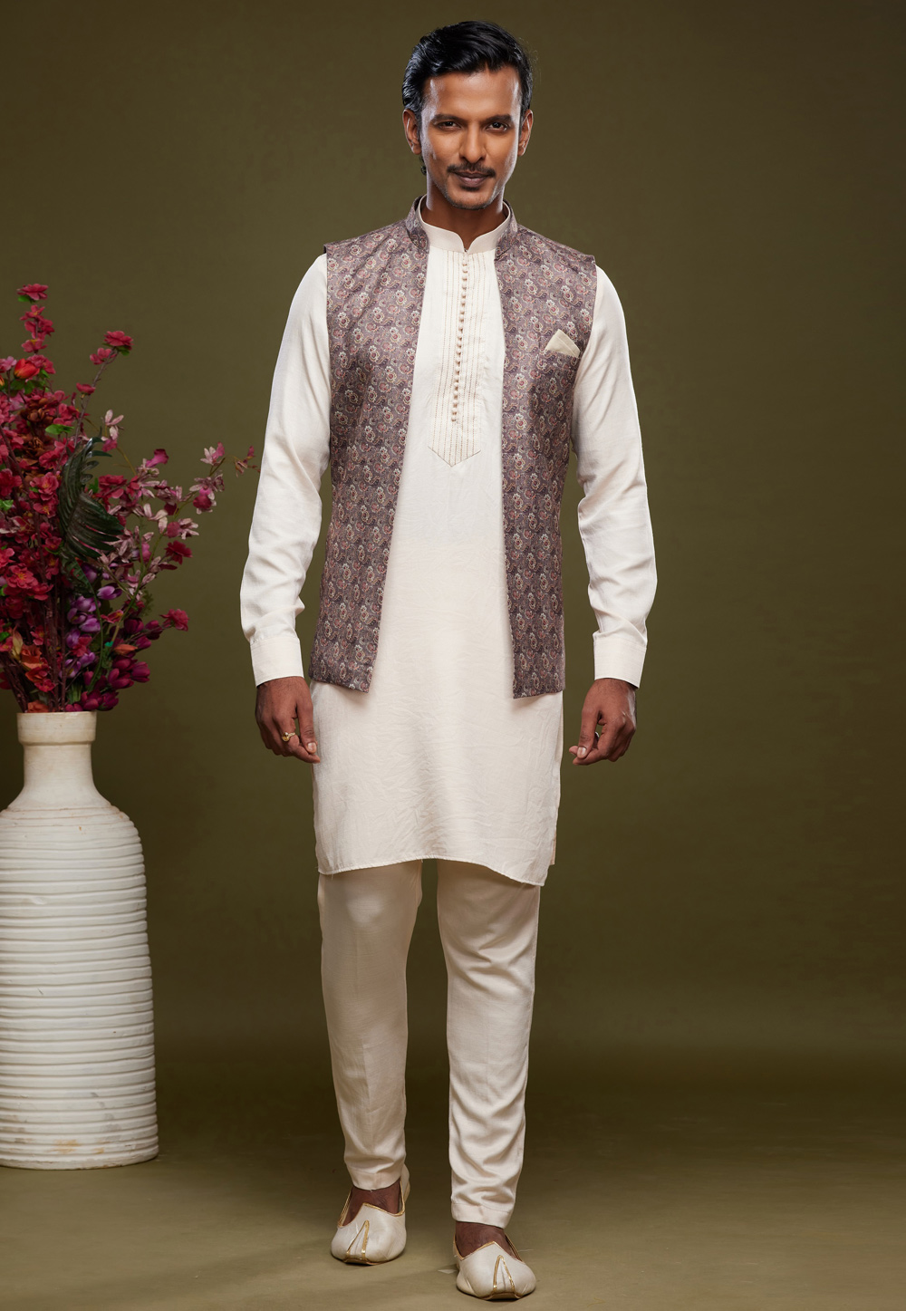 Off White Art Silk Kurta Pajama With Jacket 275014