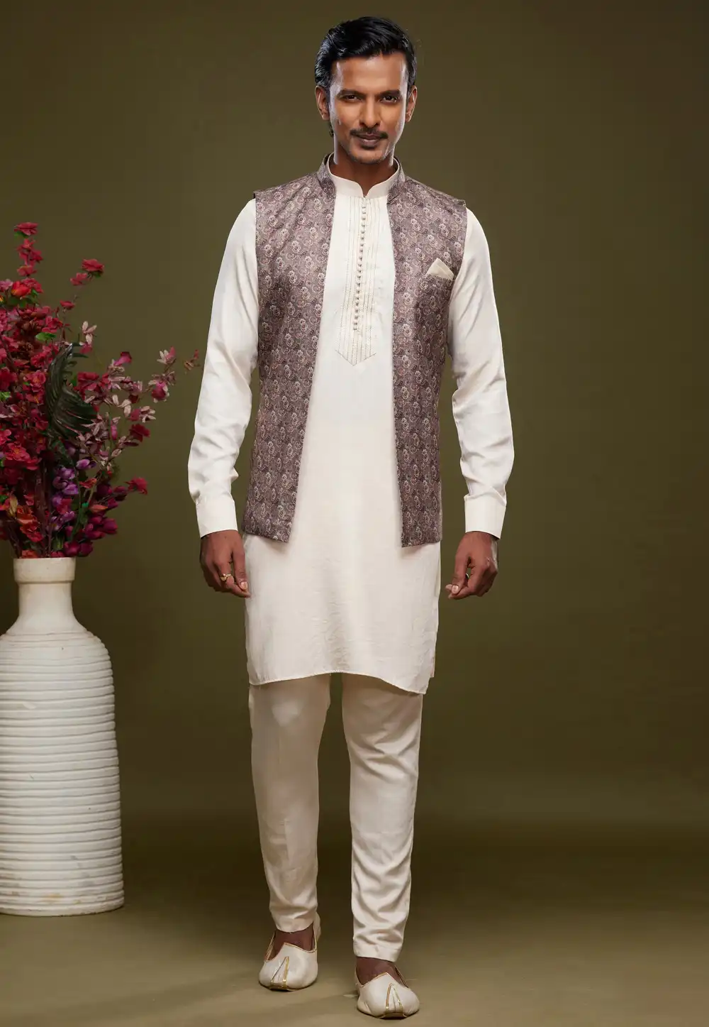 Off White Art Silk Kurta Pajama With Jacket 275014