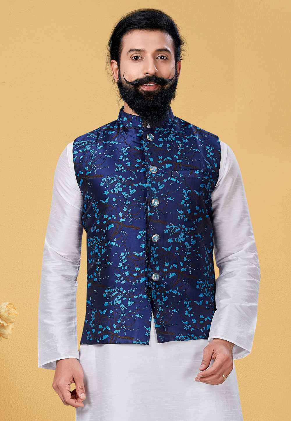 Navy Blue Silk Nehru Jacket 271550
