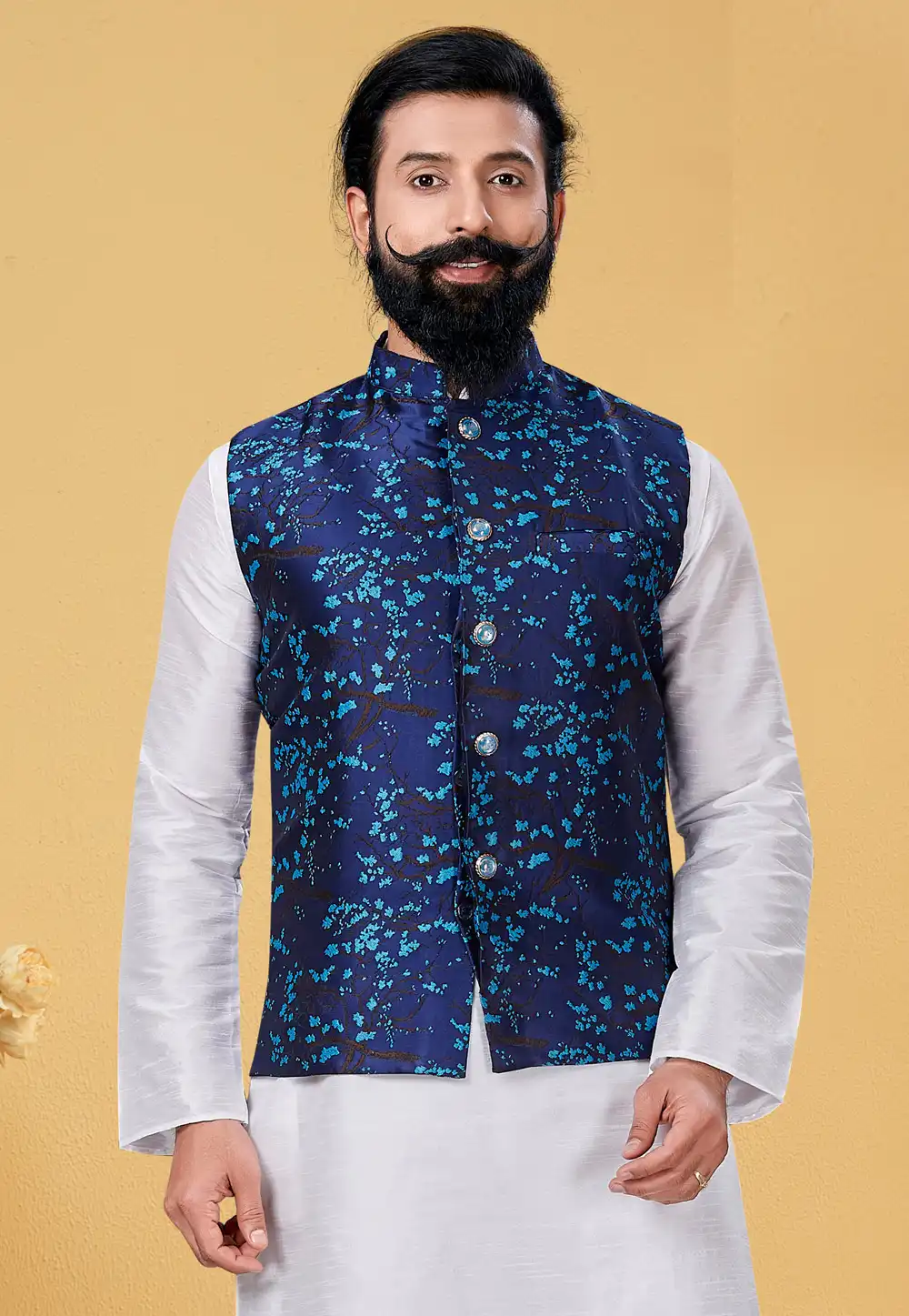 Navy Blue Silk Nehru Jacket 271550