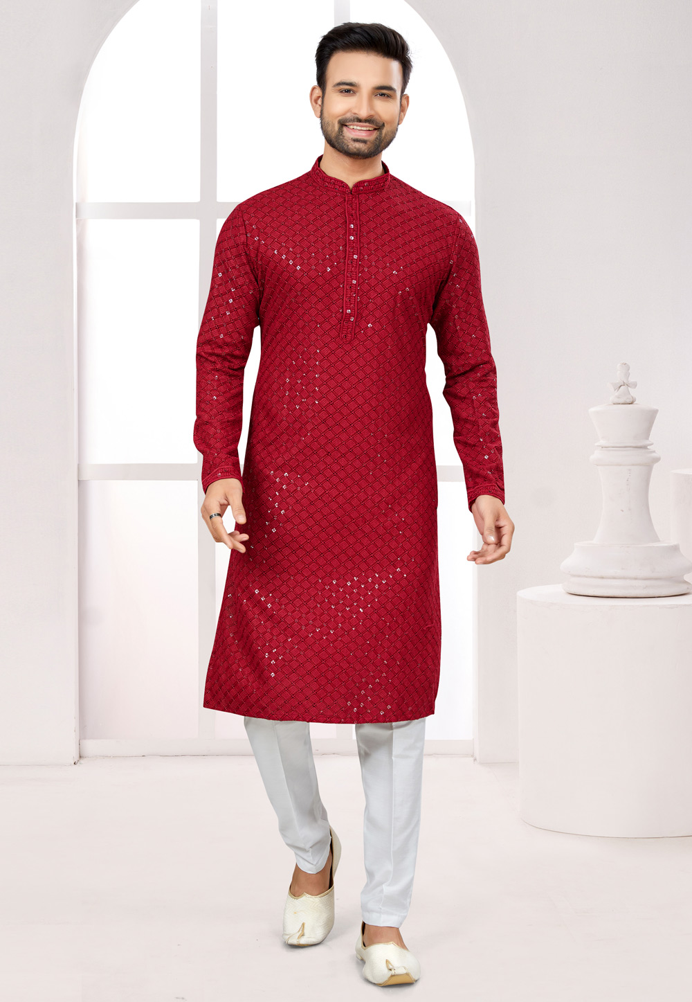 Red Rayon Kurta Pajama 274989