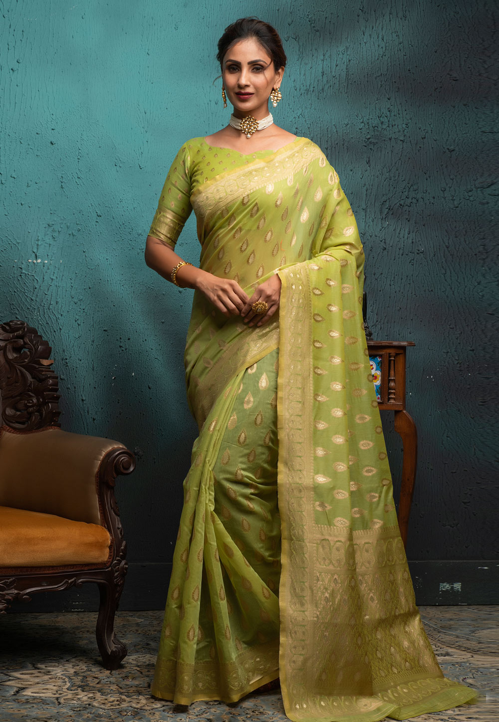 Light Green Cotton Saree With Blouse 242771