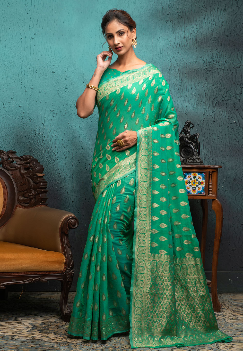 Sea Green Cotton Saree With Blouse 242773