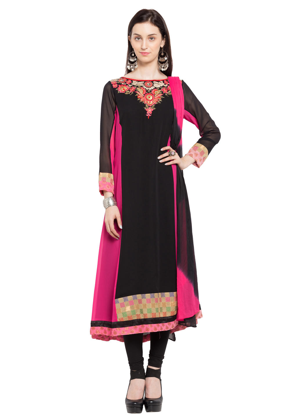 Black Faux Georgette Readymade Churidar Suit 230339