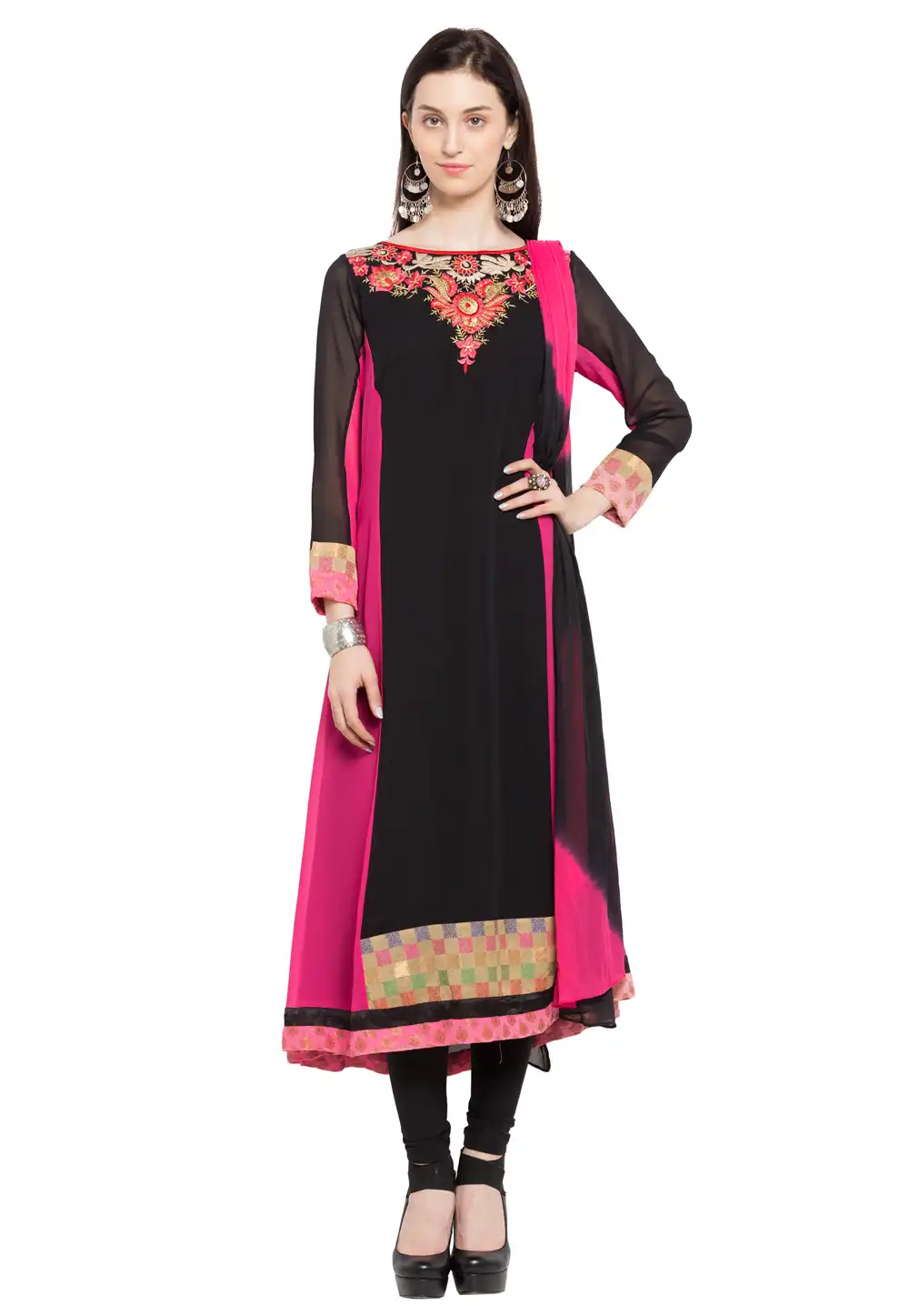 Black Faux Georgette Readymade Churidar Suit 230339