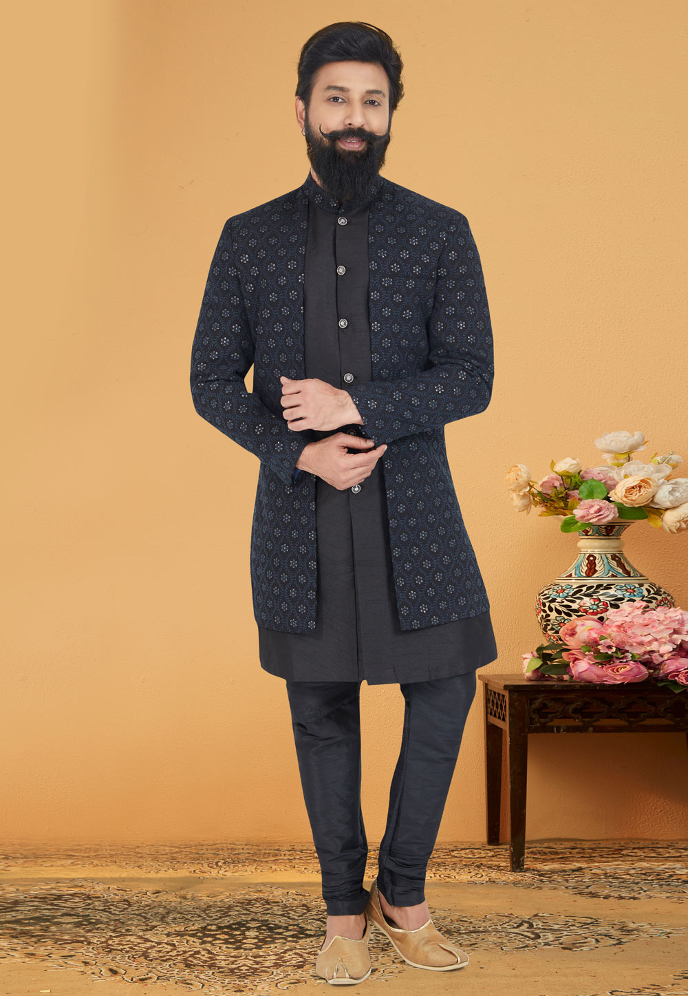 Black Georgette Jacket Style Sherwani 263251