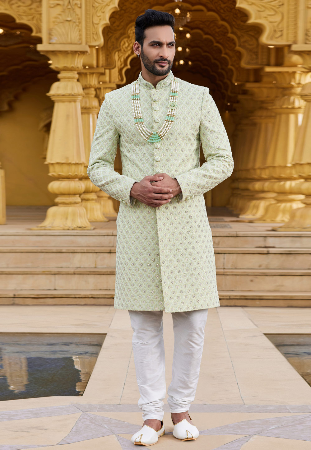 Pista Green Georgette Achkan Style Sherwani 275175
