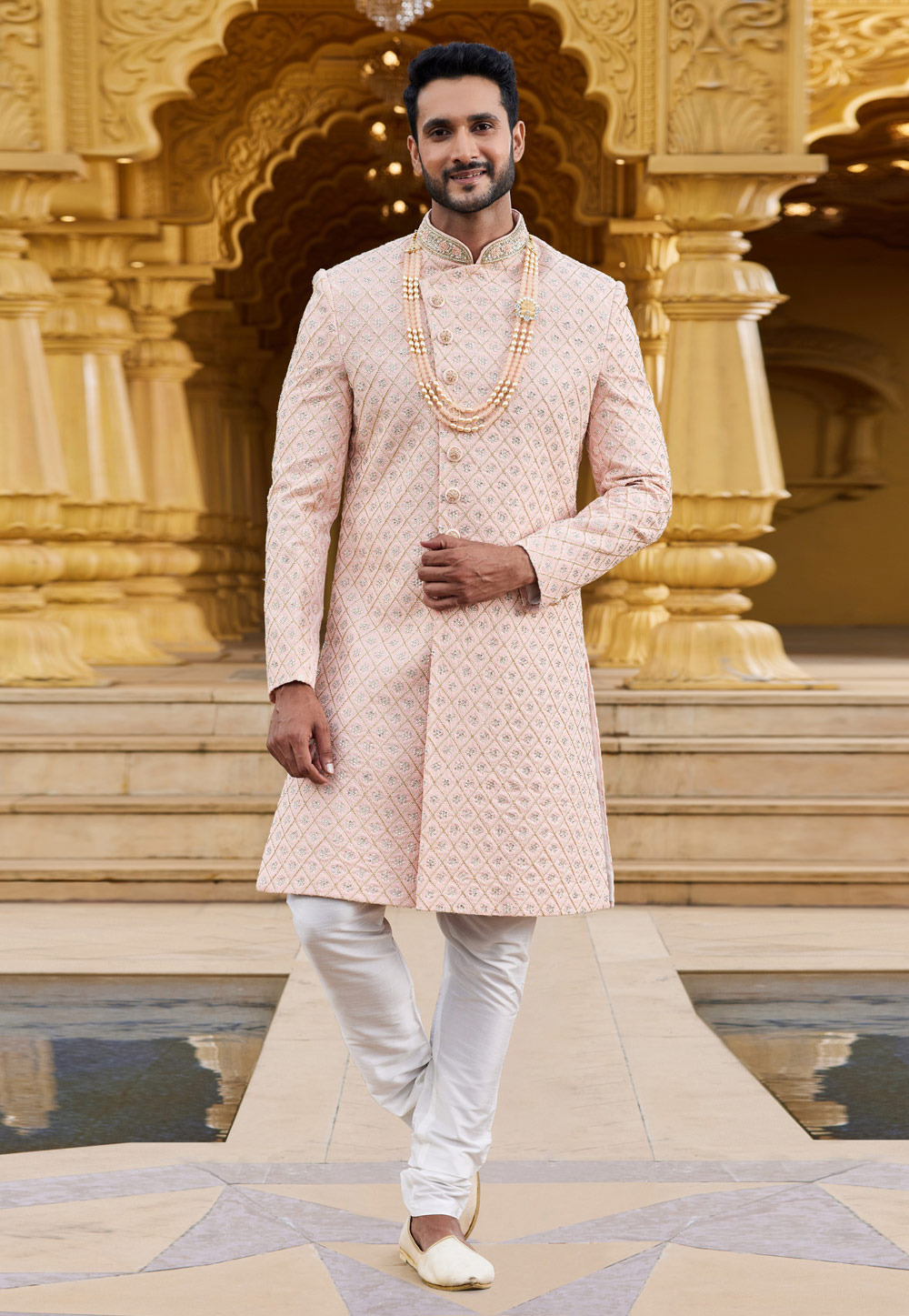 Peach Georgette Achkan Style Sherwani 275176