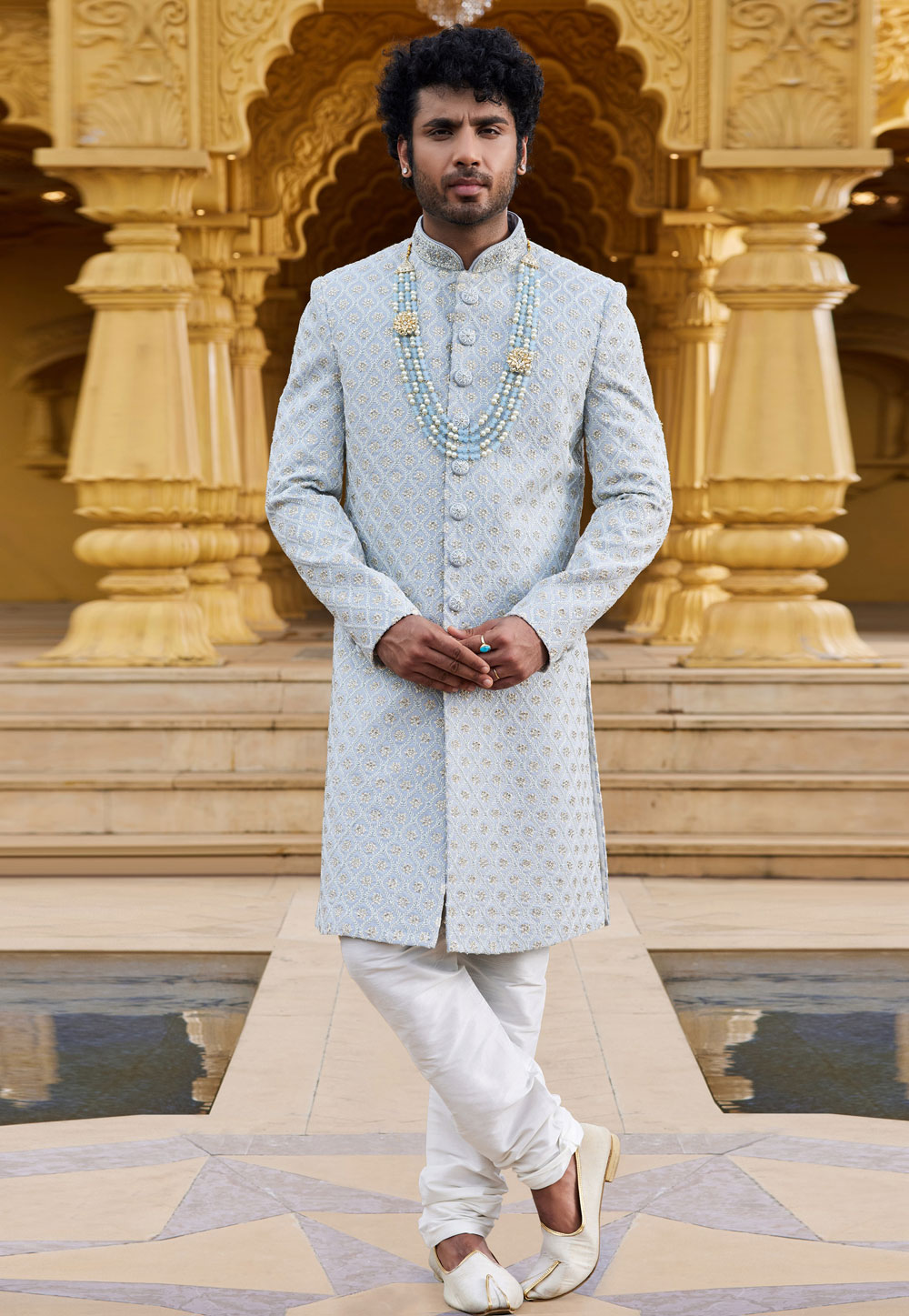 Grey Georgette Achkan Style Sherwani 275177