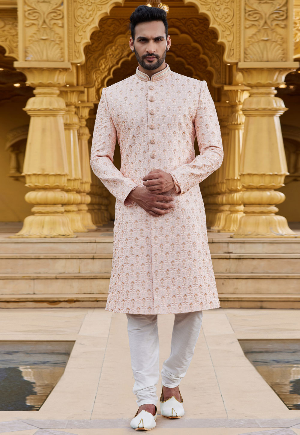 Peach Art Silk Achkan Style Sherwani 275178