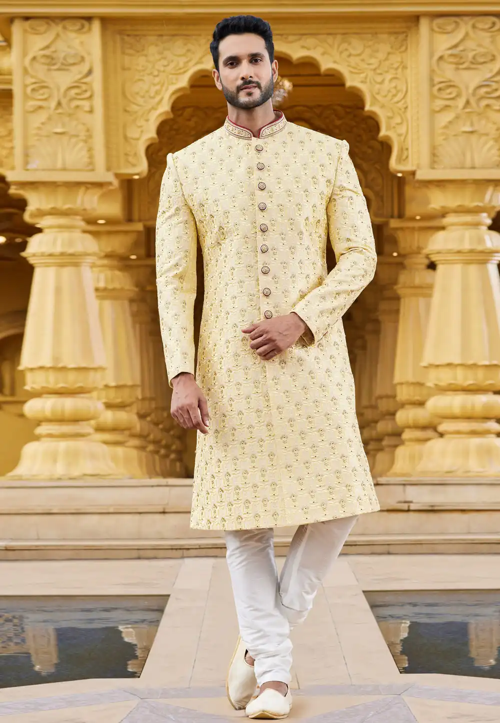 Light Yellow Art Silk Achkan Style Sherwani 275179