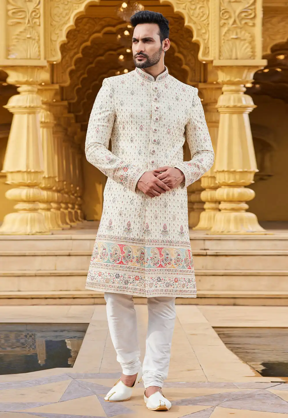 Cream Art Silk Achkan Style Sherwani 275180