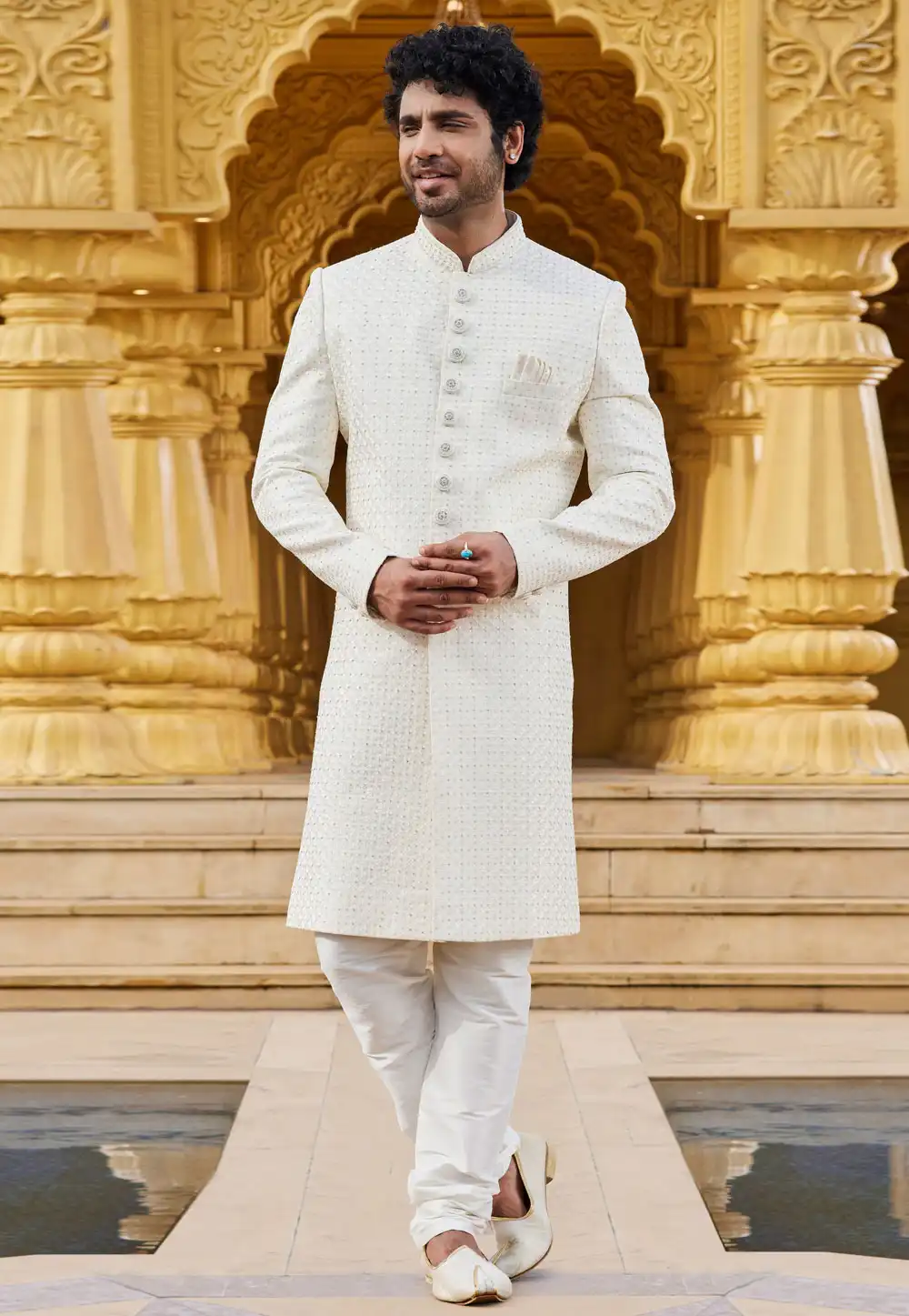 Off White Art Silk Achkan Style Sherwani 275181