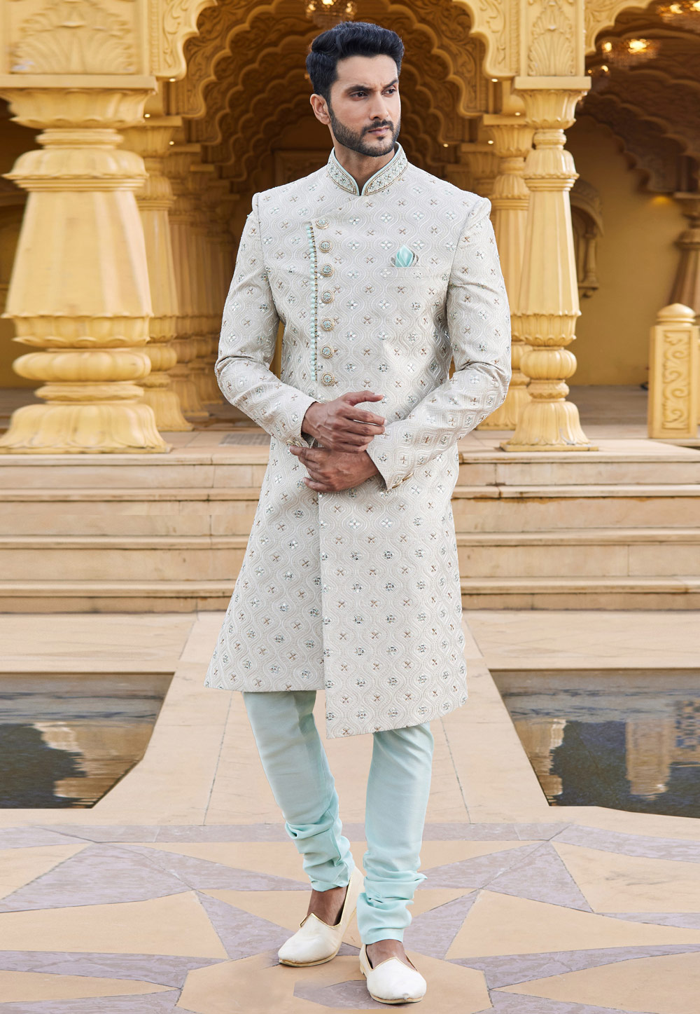 Off White Art Silk Indo Western Sherwani 275184