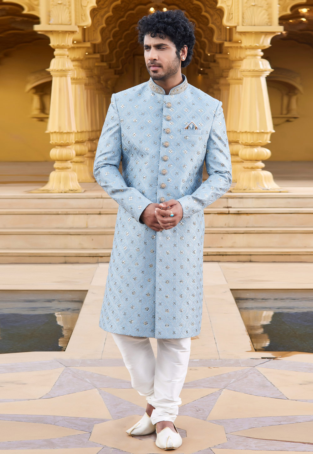 Sky Blue Art Silk Achkan Style Sherwani 275185