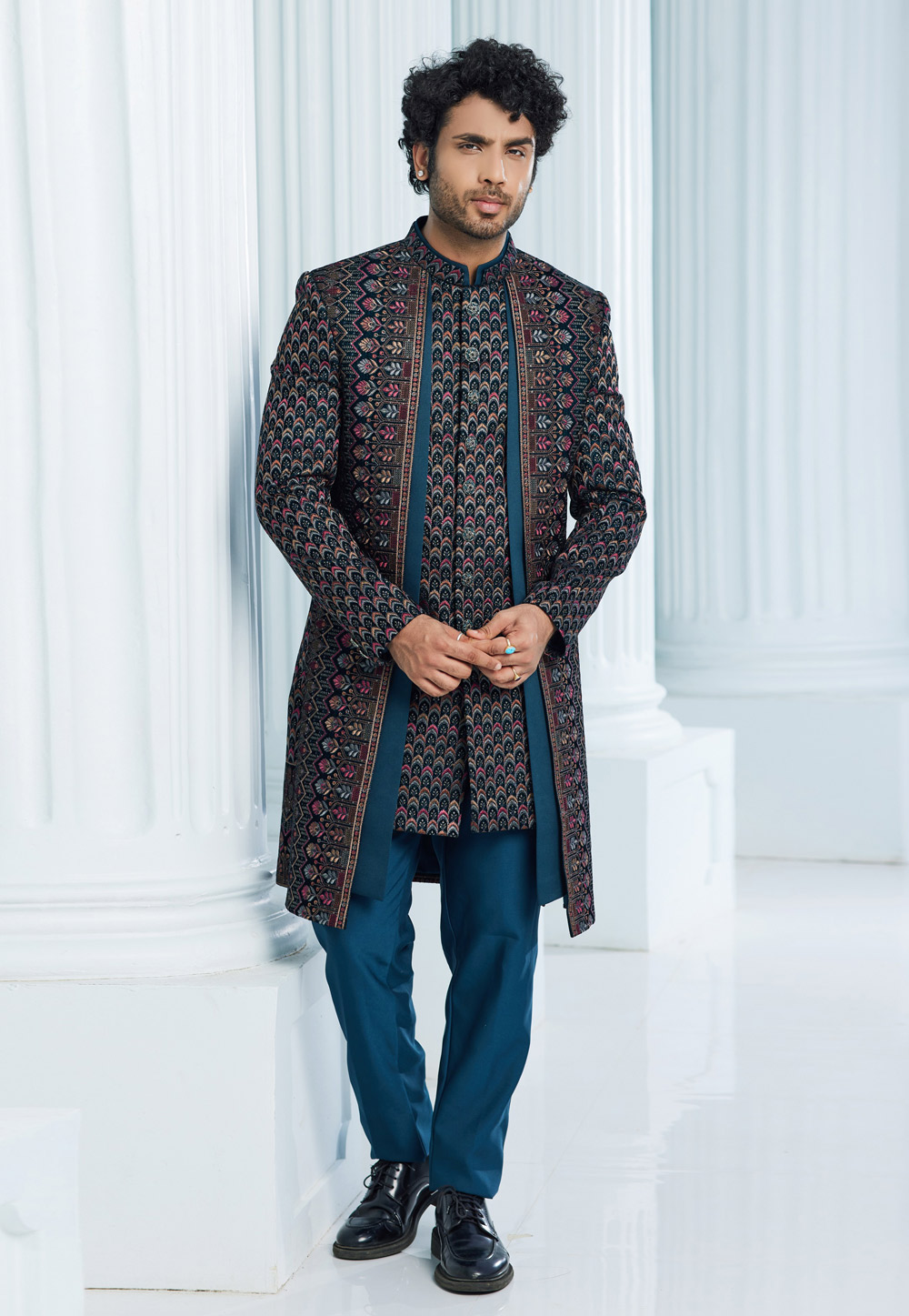Teal Velvet Jacket Style Sherwani 275155