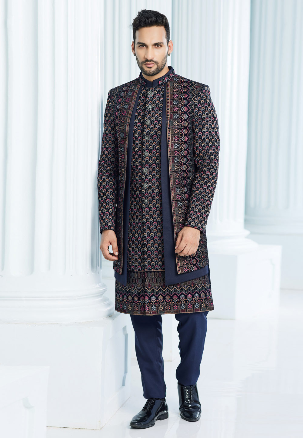 Navy Blue Velvet Jacket Style Sherwani 275156