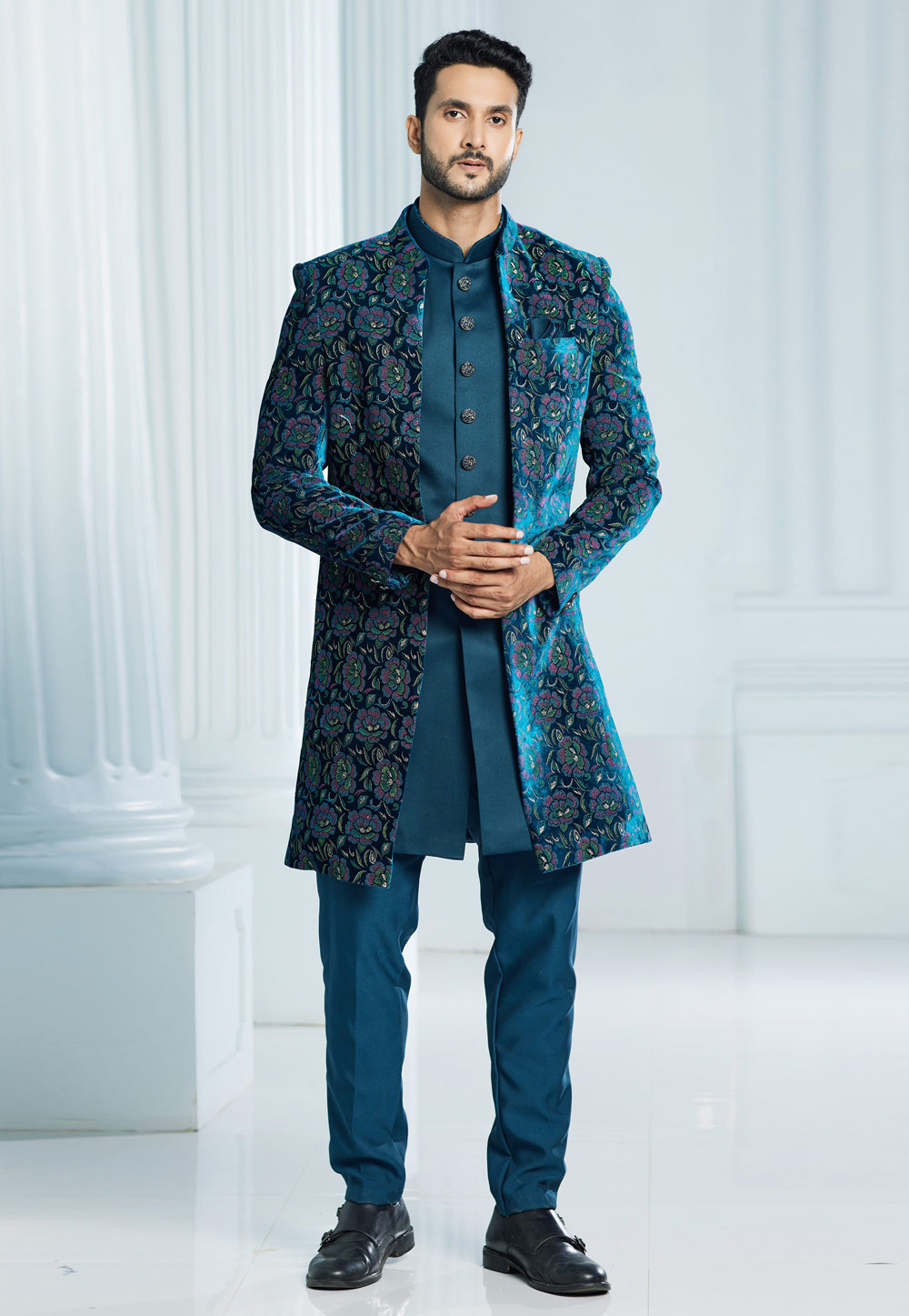 Teal Velvet Jacket Style Sherwani 275157