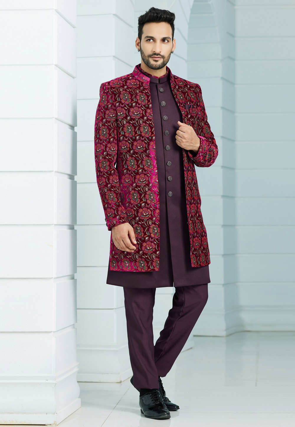 Wine Velvet Jacket Style Sherwani 275158