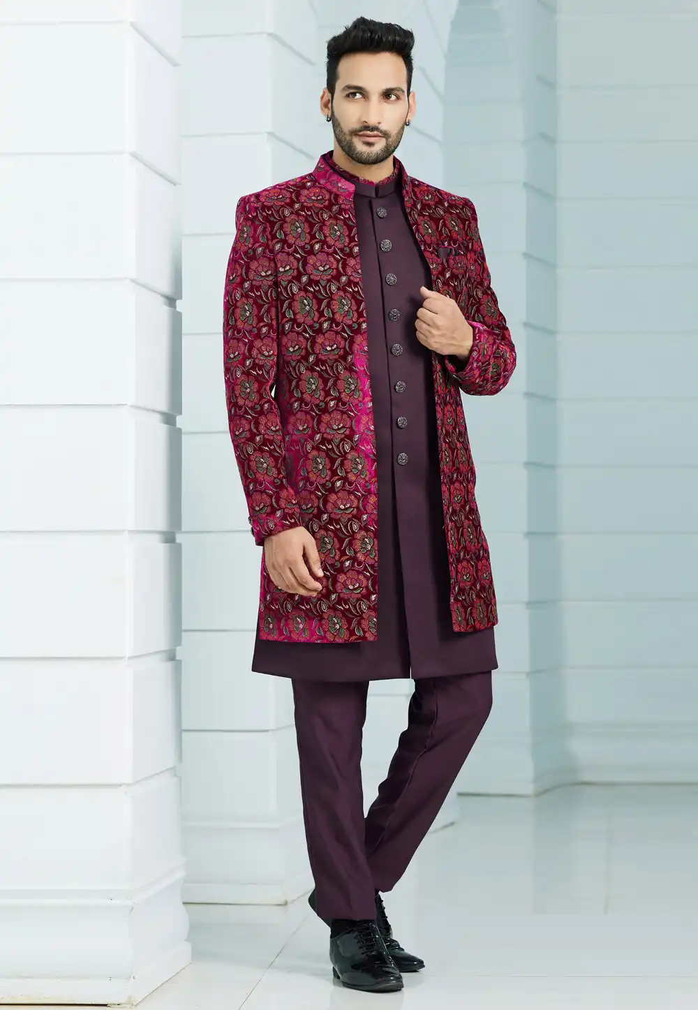 Wine Velvet Jacket Style Sherwani 275158