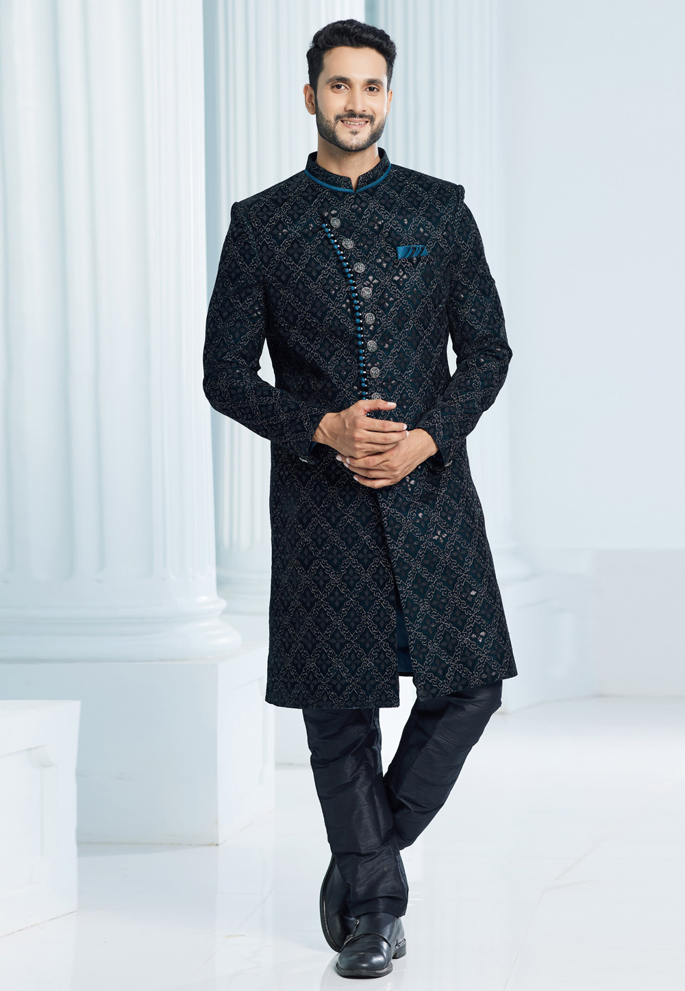 Teal Velvet Indo Western Sherwani 275164