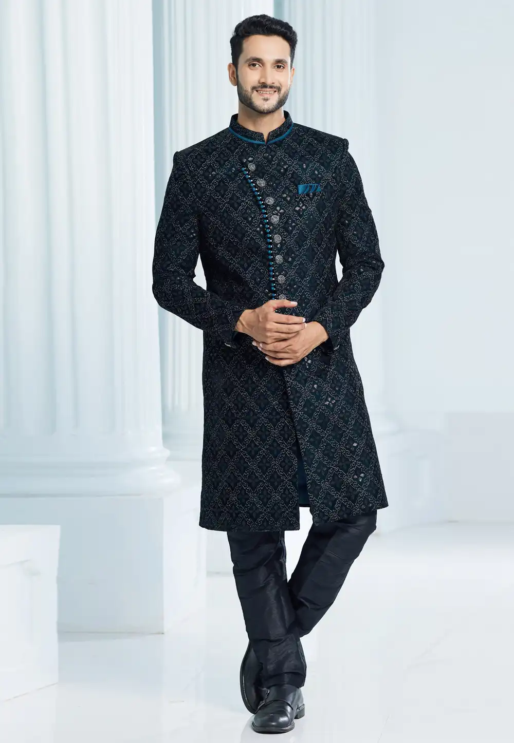 Teal Velvet Indo Western Sherwani 275164