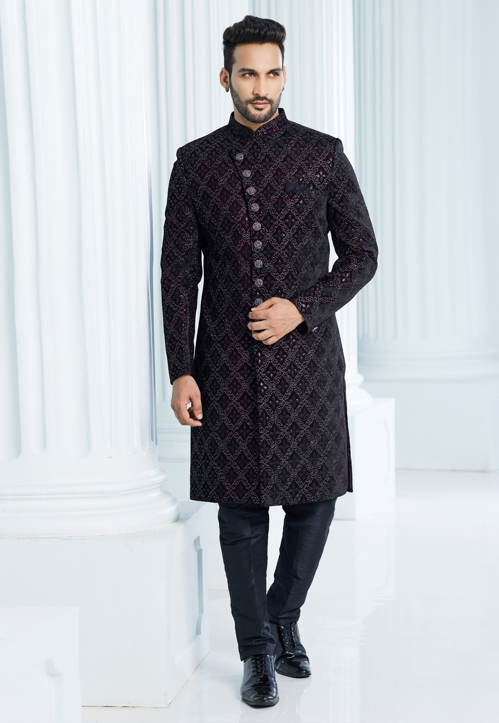 Wine Velvet Achkan Style Sherwani 275166