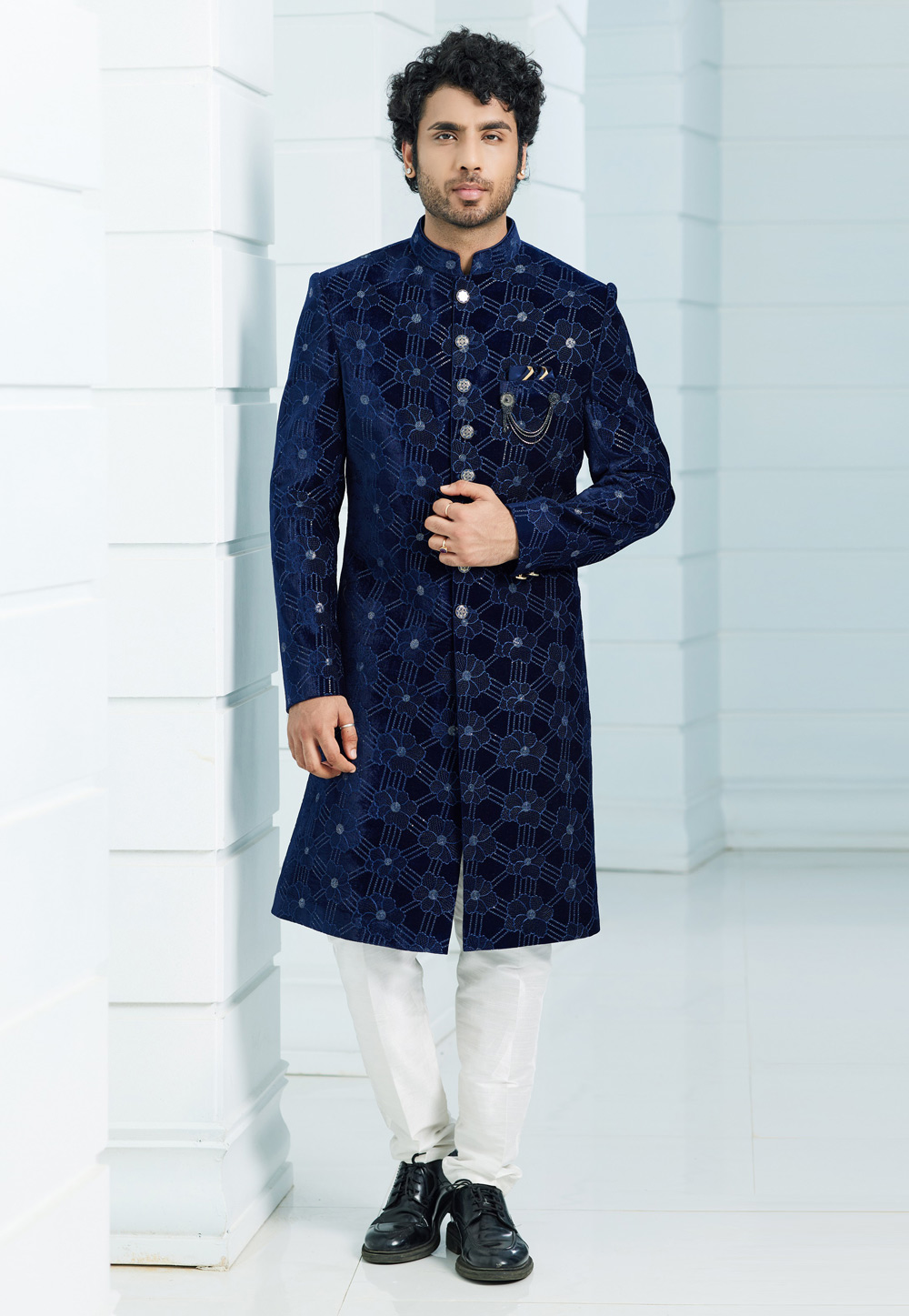 Navy Blue Velvet Achkan Style Sherwani 275168
